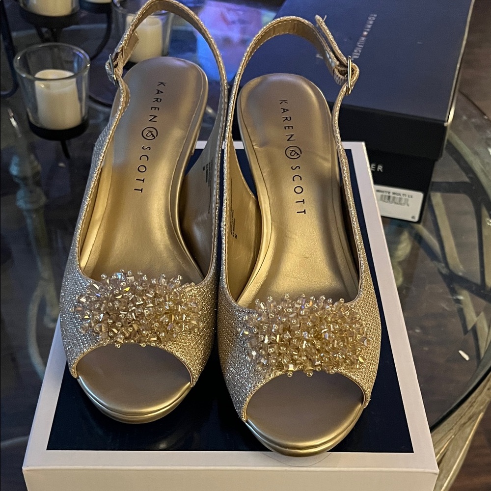 Brand New- Fancy Karen Scott Glittering Gold Heels, great for cruises, weddings